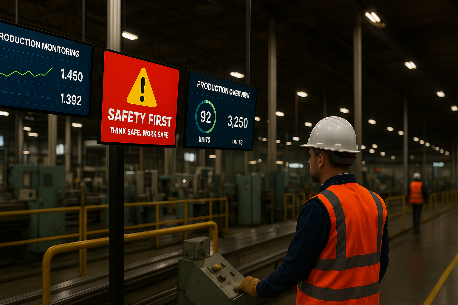 A man on a manufacturing line using a digital sign to check the status of the line.