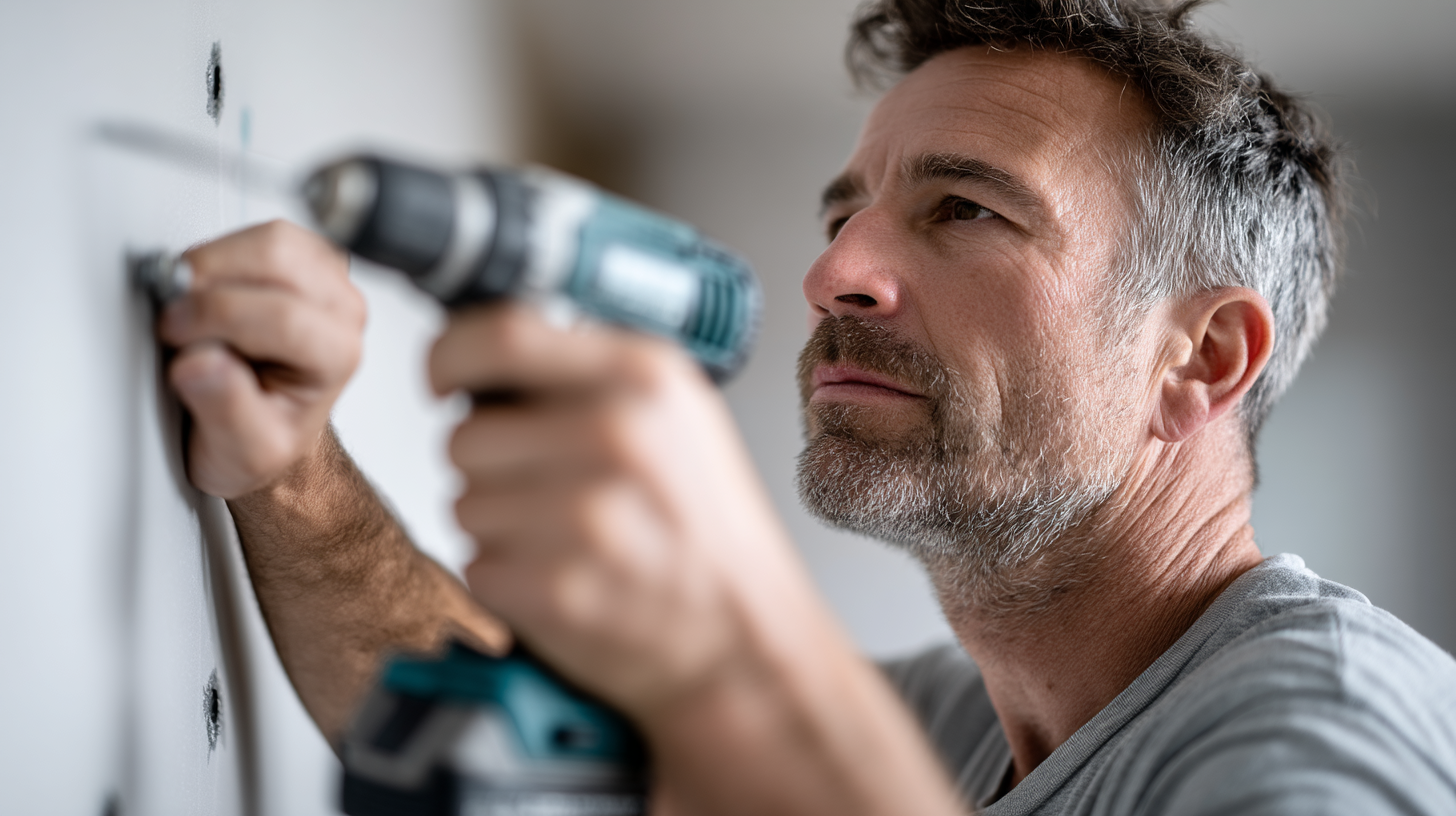 A man installing a digital sign sreen on a wall with a drill.