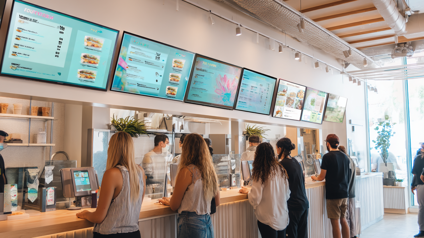 People ordering Thai food at a beaufitul fast casual restaurant with a network of digital signs at the checkin counter.