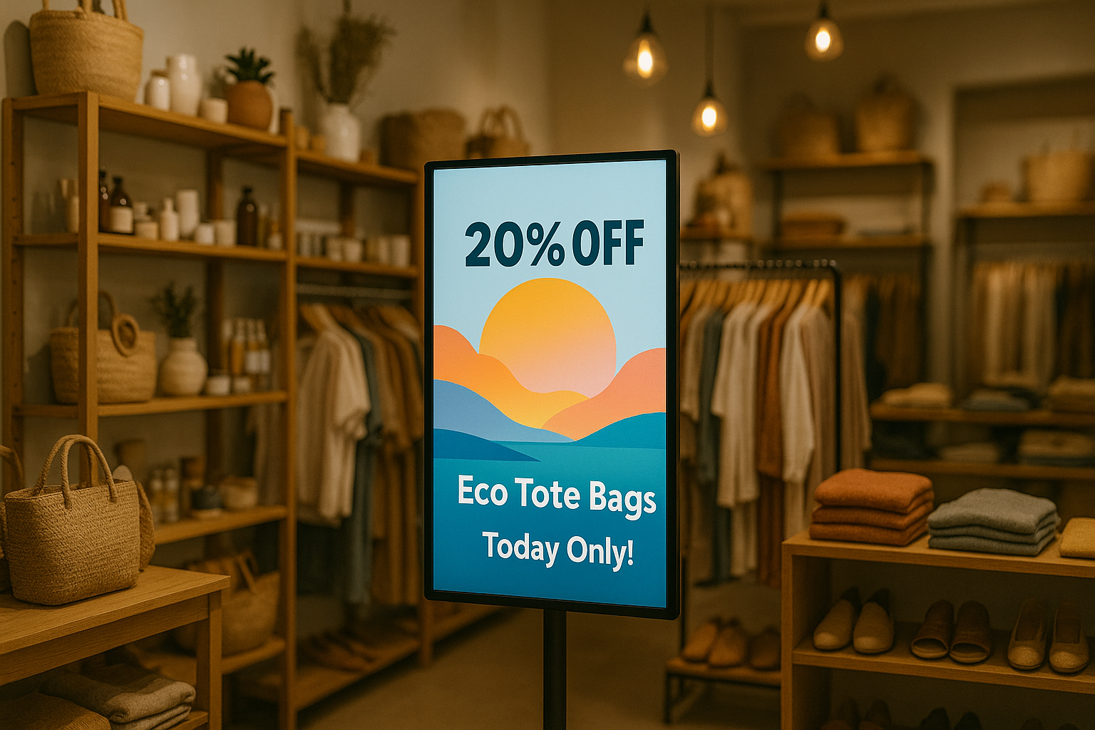 A digital sign in a warm eco-clothing store displaying a 20% off message that was crafted from great digital signage strategy from the retail store.