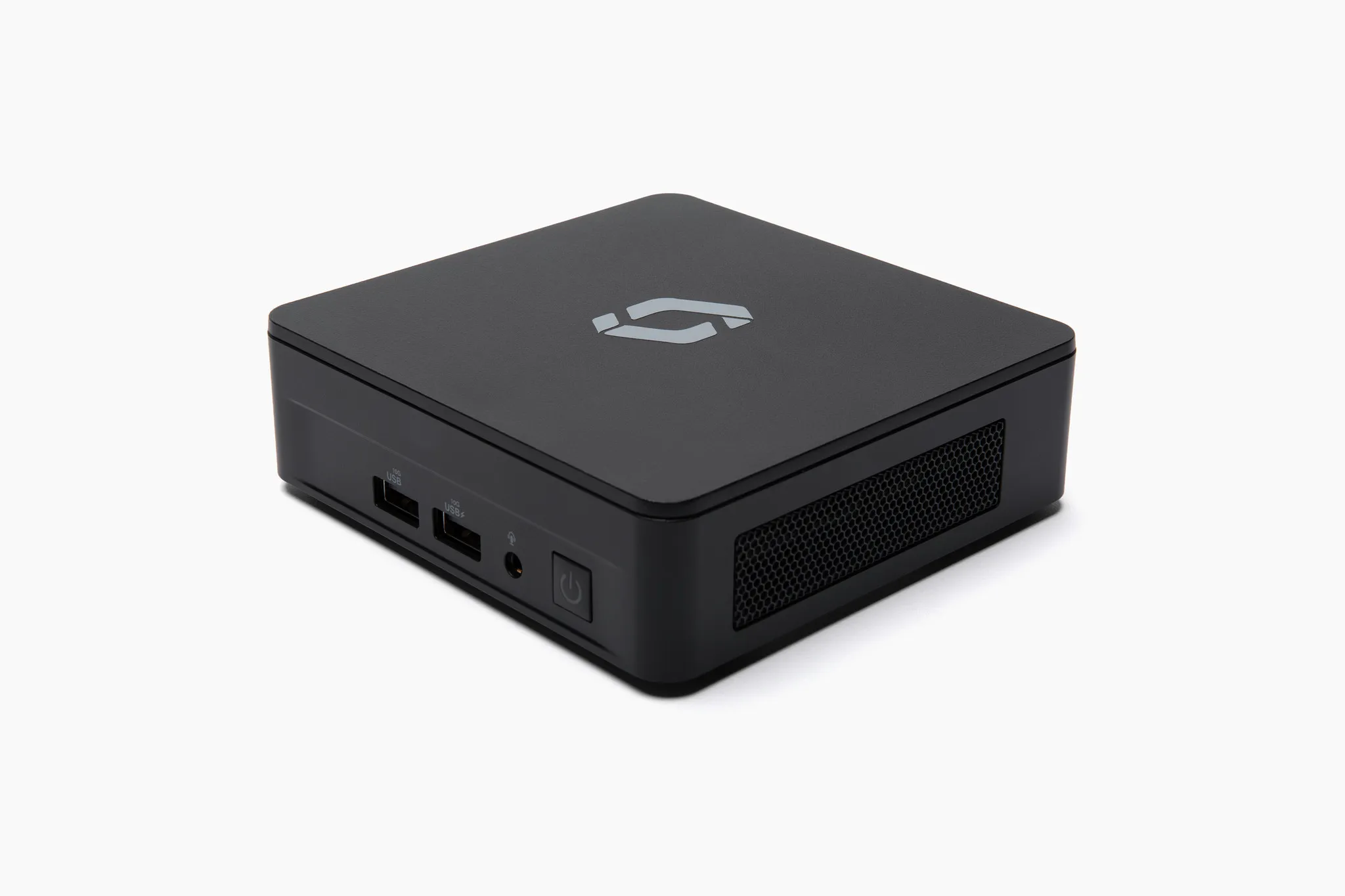 A side profile of the Screenly Player Max Mk II digital signage player device, showing some of the available ports.