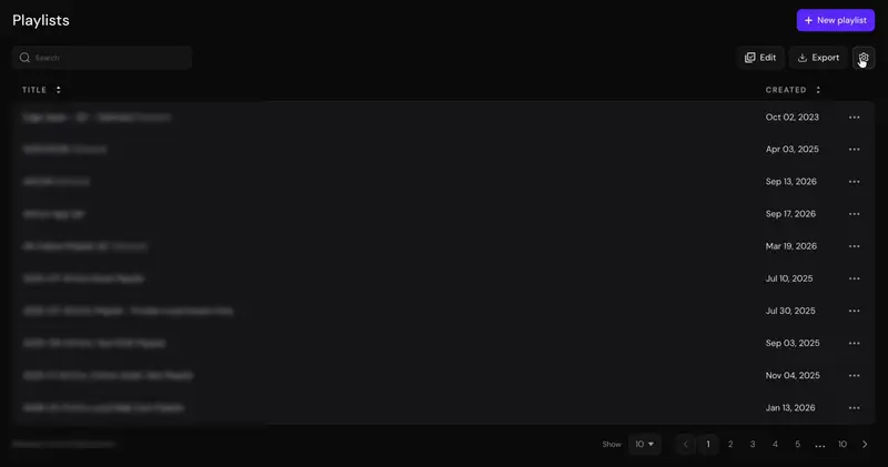 Playlists table with configurable columns and the Export button