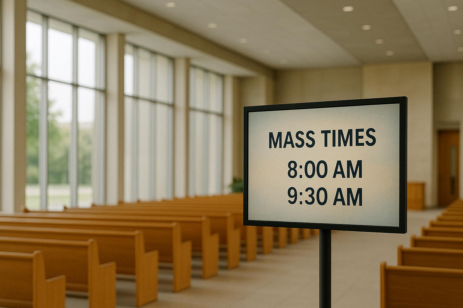 A digital sign displays in a modern church and shows upcoming mass times.
