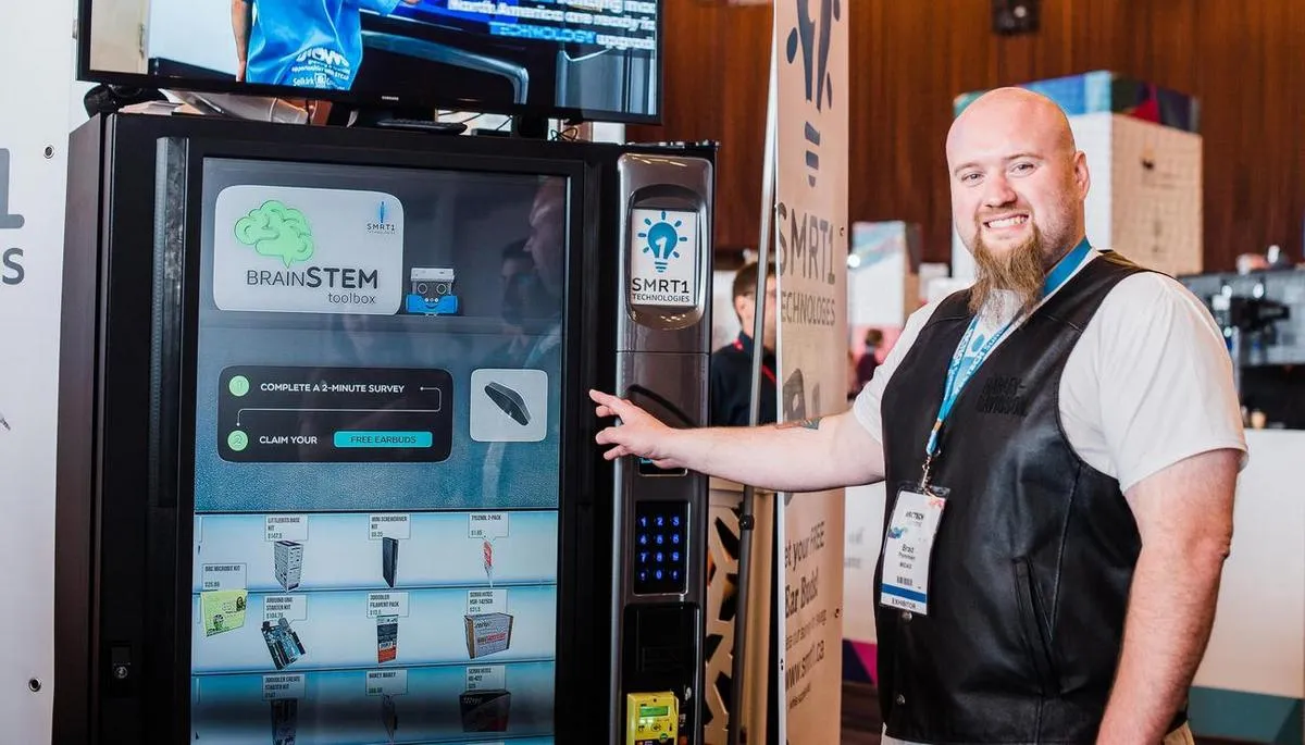 This image is of a vending machine that integrates with the Screenly digital signage APIs to provide a digital signage add on.