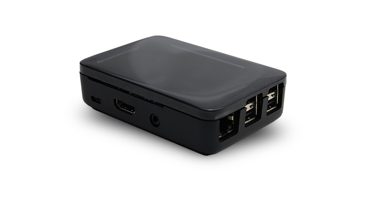 A Raspberry Pi digital signage player in a black case.