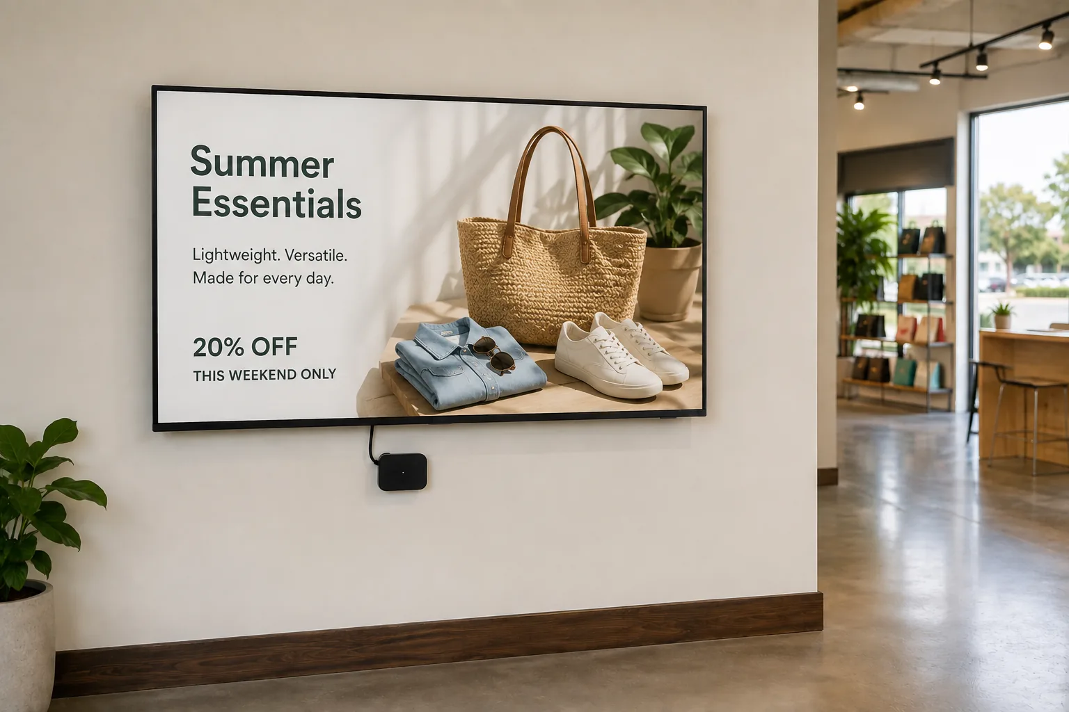 A wall-mounted TV in a retail space showing a summer promotion, driven by a small streaming box mounted beneath it.