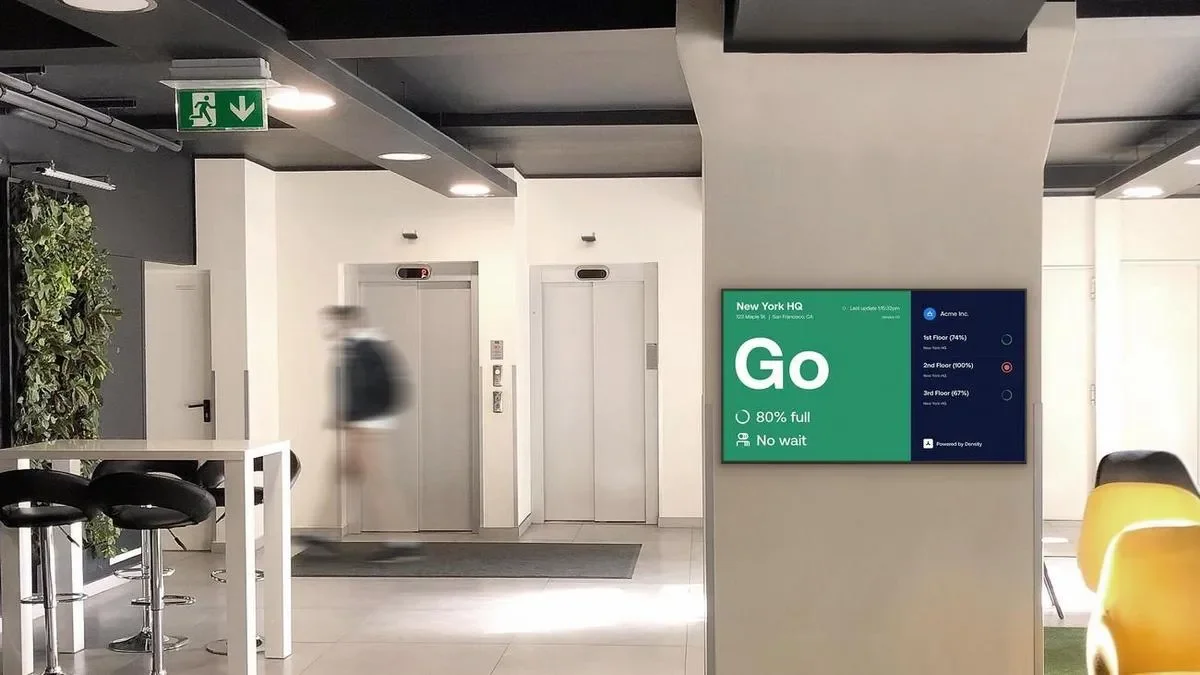 With Screenly and Density, you can track how many people enter and leave a room. You can then display that data on a TV to let people know when it is safe to enter.