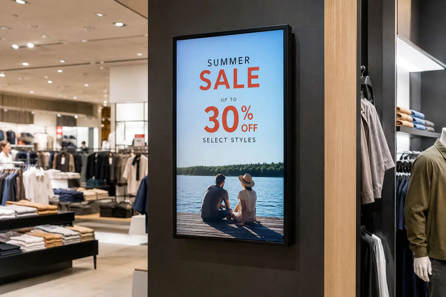 A portrait digital signage display mounted in a clothing store, showing a summer sale promotion.