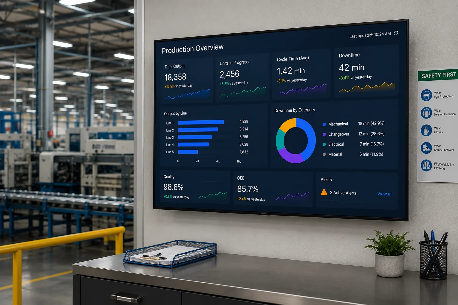A wall-mounted screen on a factory floor showing a production overview dashboard, the kind of display a local signage server can drive.