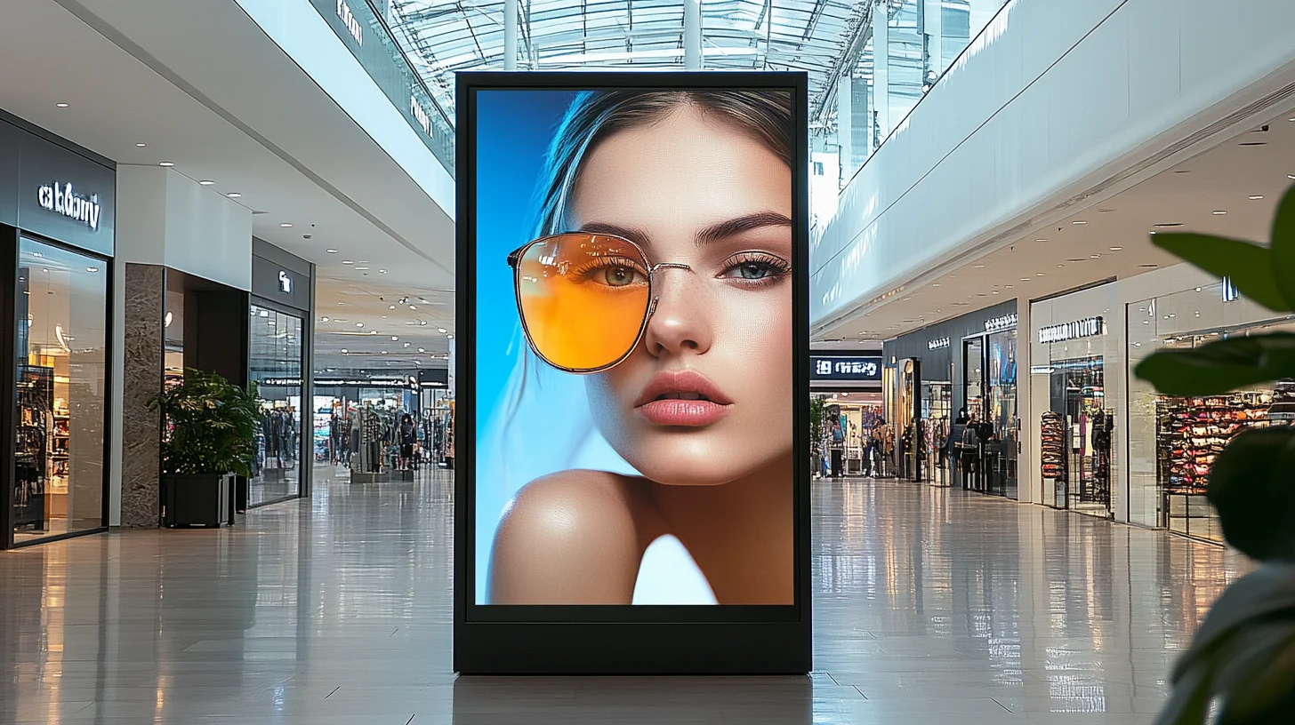 Two large LCD digital signage displays in a cement-walled room on a corporate campus.