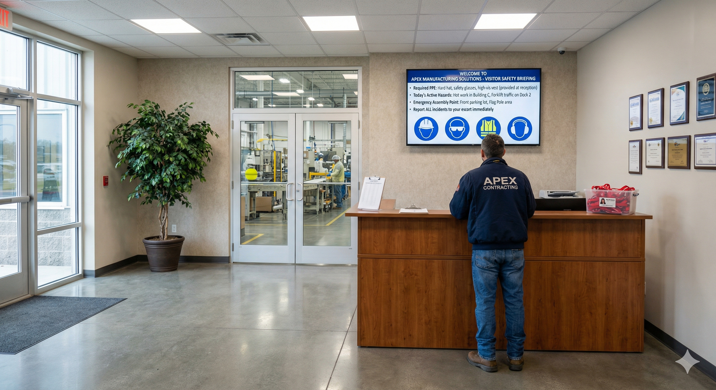 Greet visitors with current hazards and plant rules on digital displays