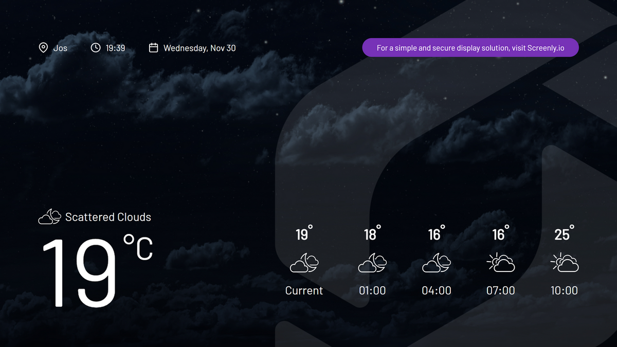 The Screenly Weather App is an app that can be configured to display the weather of a specific location. This guide walks you through how to show the weather app on a digital sign with Screenly.
