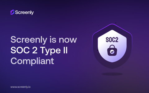 Screenly's SOC 2 Type II compliance badge on a purple background.
