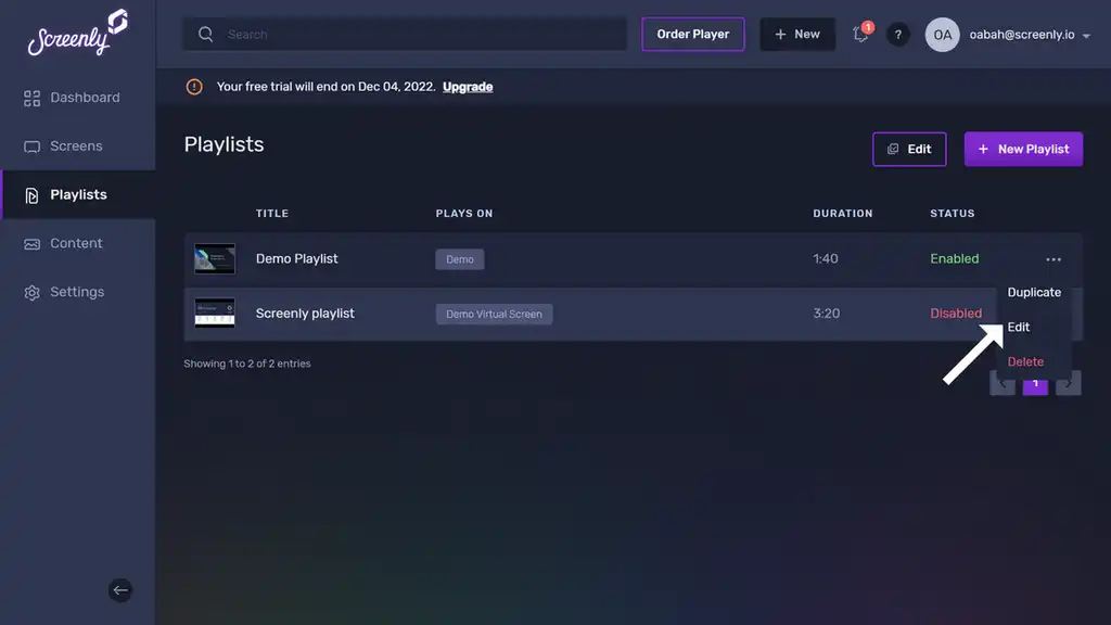 The Edit option tab in the playlist settings menu