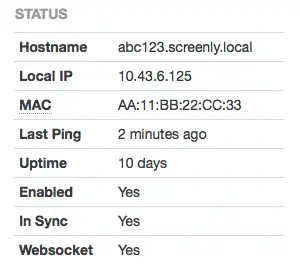 This is an image of the network status information for Screenly digital signage players.