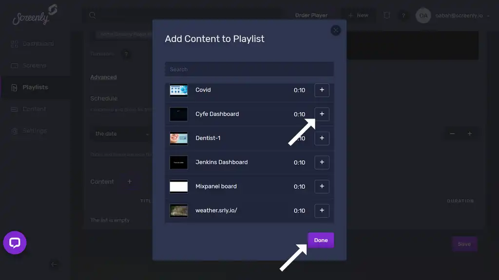 The popup modal to add the Cyfe dashboard content to a playlist