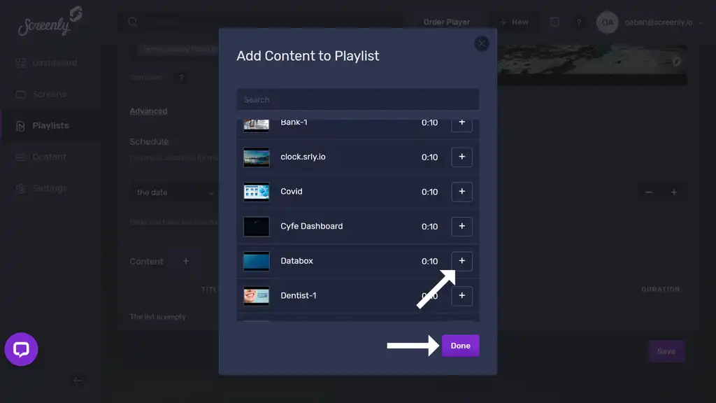 The popup modal to add the Databox databoard content to a playlist