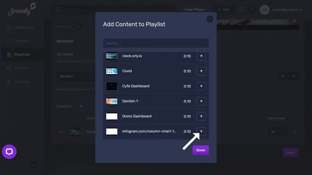 The popup modal to add the Infogram dashboard content to a playlist