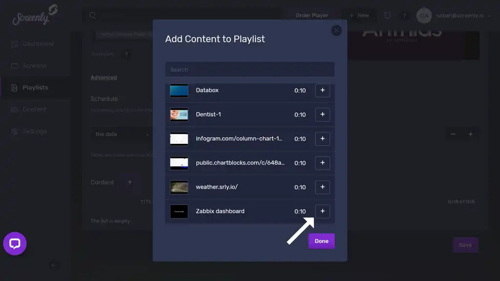 The popup modal to add the Zabbix dashboard content to a playlist