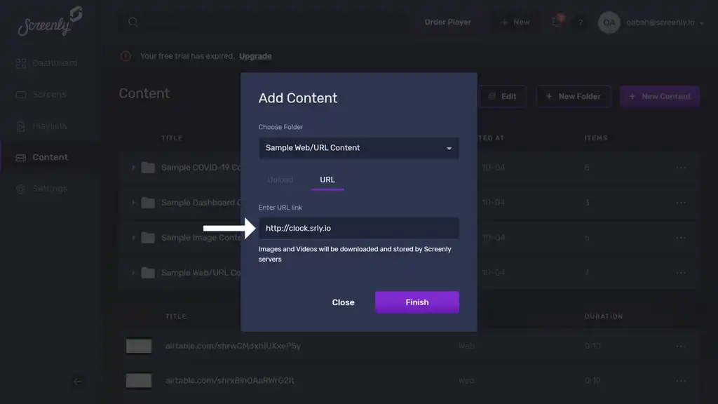 The popup modal to add the Clock App URL as a new content item.
