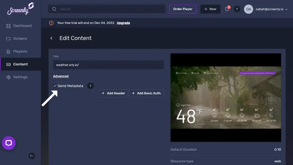 Screenly Clock content tab for configuring content showing the checkbox for the Send Metadata option