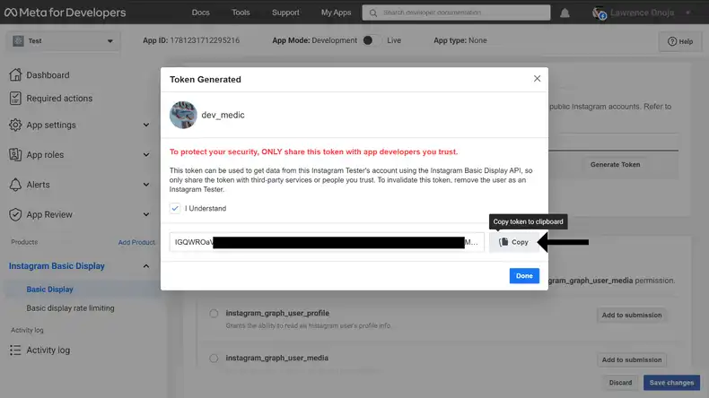 Pop-up modal to copy Instagram Basic Display API token