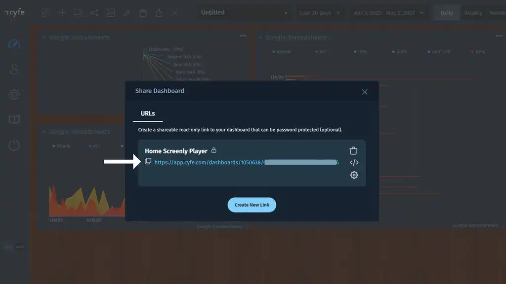 Pop-up modal in cyfe showing dashboard share URL