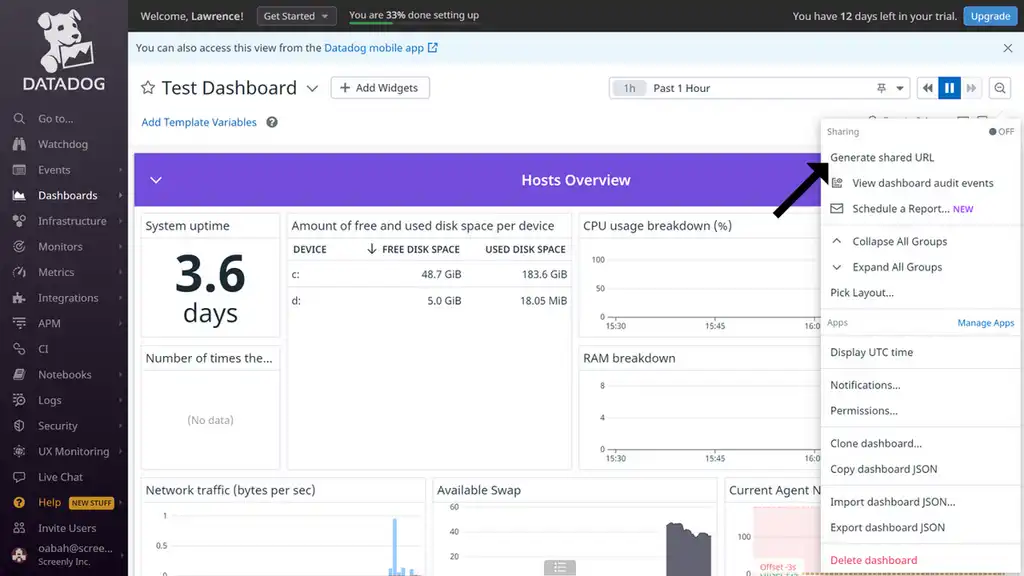 The Datadog dashboard settings.
