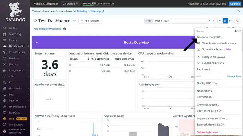 The Datadog dashboard settings.