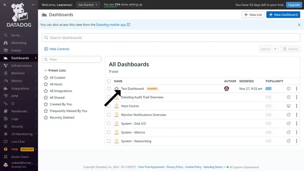The Datadog website showing list of dashboards.