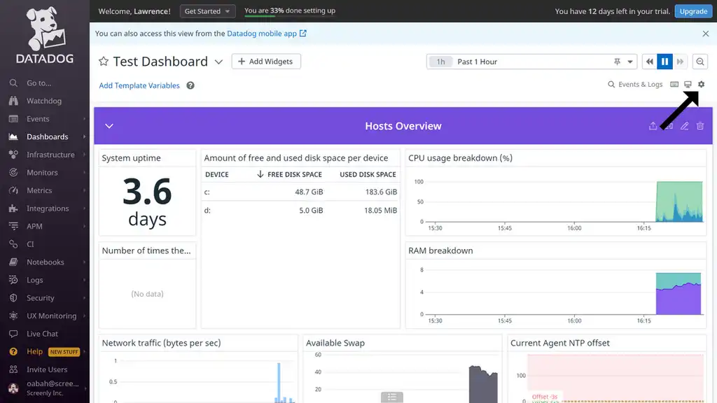 The Datadog website showing a dashboard with gear icon at the top right corner.
