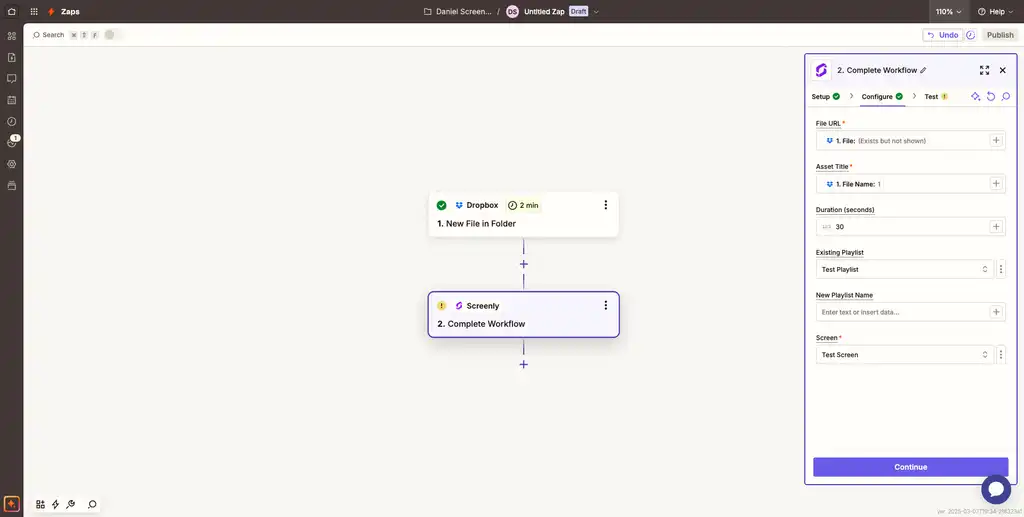 The Dropbox app configure stage in Zapier.