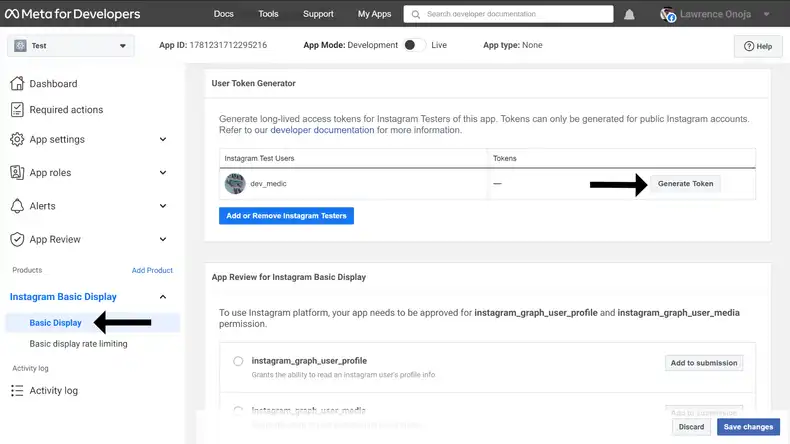 Instagram Basic Display User token generator page