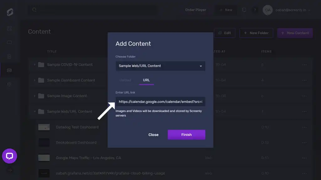 The popup modal to add the Google Calendar URL as a new content item.