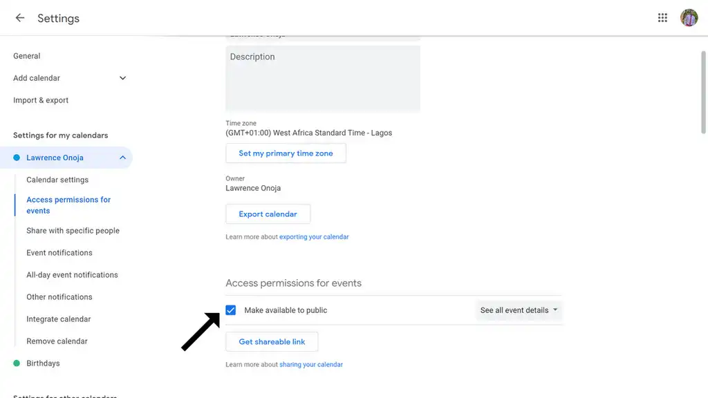 The Google Calendar settings showing checkbox to make calendar URL public