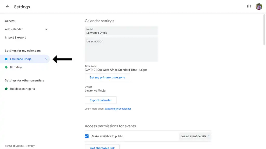 The Google Calendar settings side menu