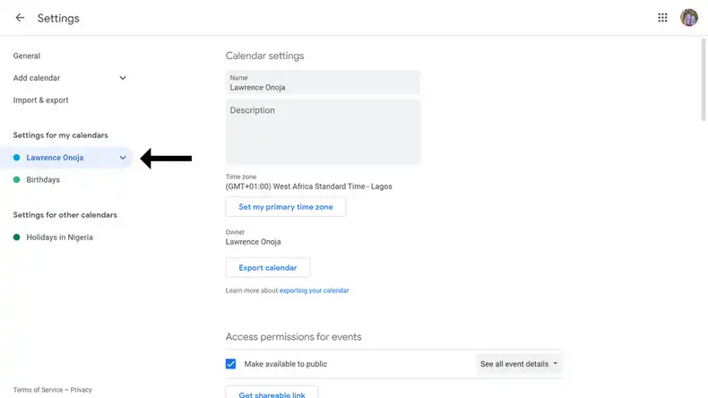 The Google Calendar settings side menu