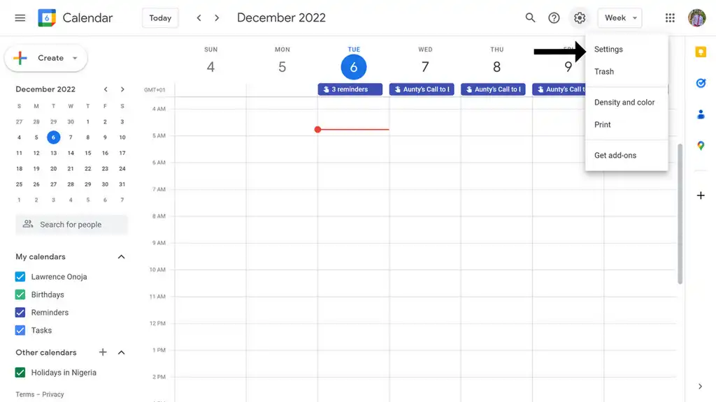 The Google Calendar showing dropdown menu contaning settings