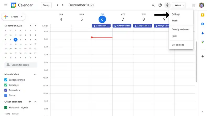 The Google Calendar showing dropdown menu contaning settings