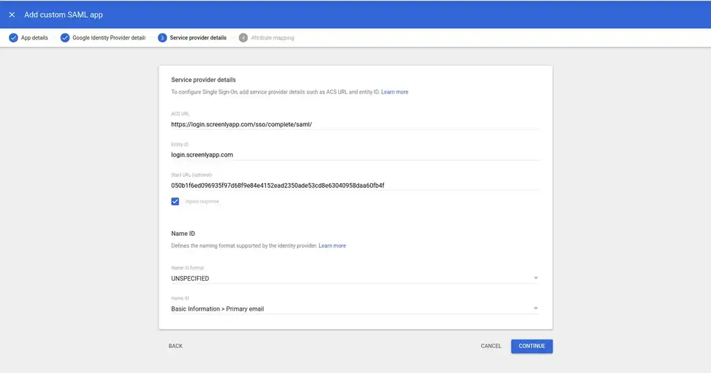 Google Workspace SAML setup step 7.