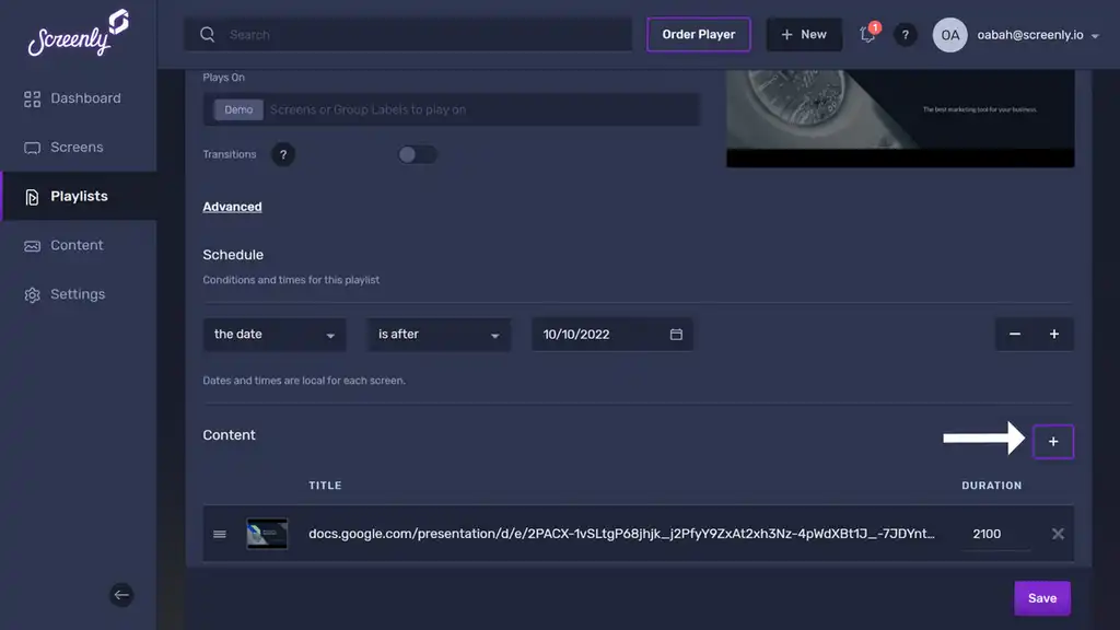 The + button for adding content to your Screenly playlist