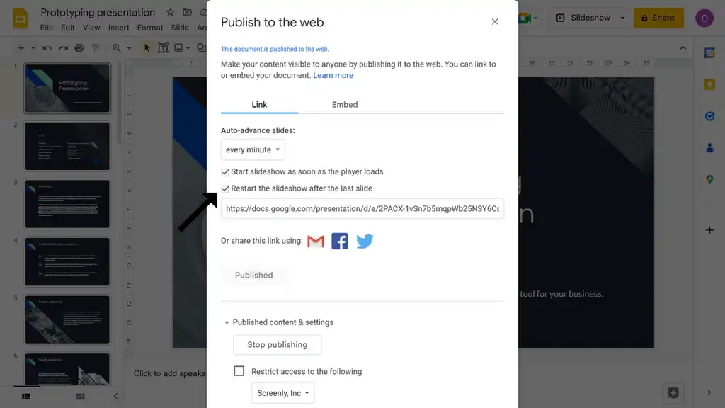 A popup modal showing the Google Slides publishing settings