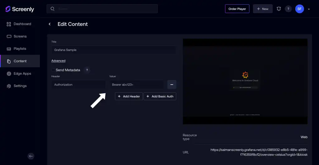 The content configuration page showing input fields for authorization headers