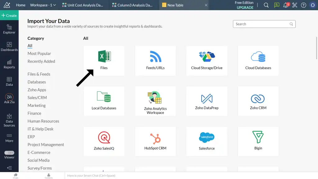 An image showing a Zoho analytics page with data sources for creating dashboards including the Files Upload option