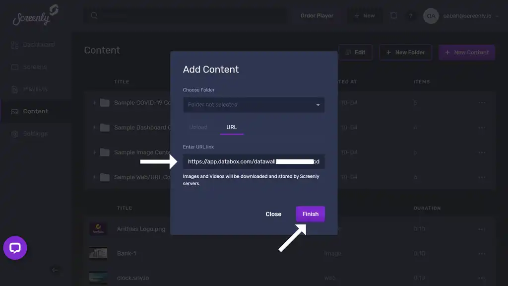 The popup modal to add the Databox databoard URL as a new content item.