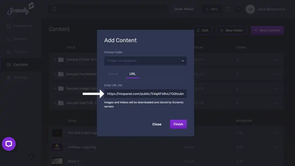The popup modal to add the Mixpanel board URL as a new content item.
