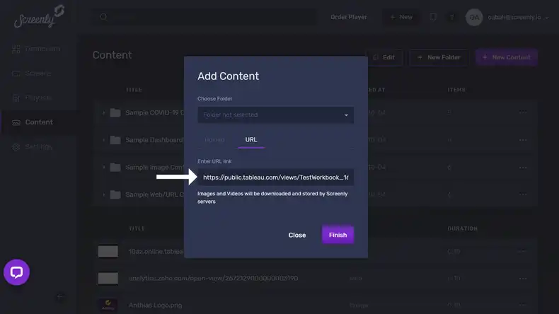 The popup modal to add the Tableau dashboard URL as a new content item.