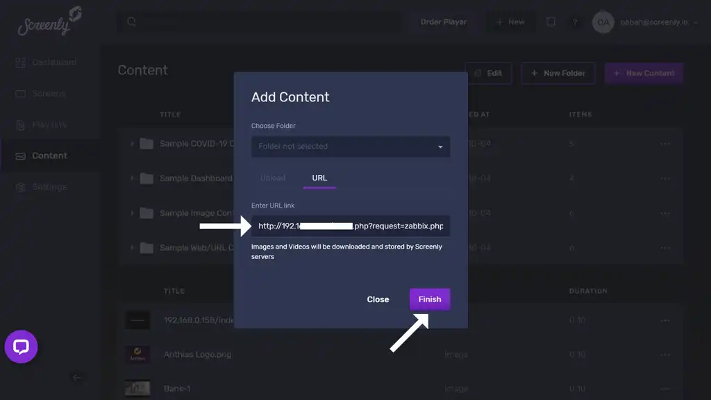 The popup modal to add the Zabbix dashboard URL as a new content item.