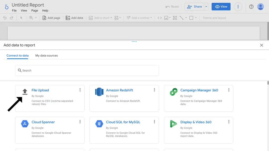 An image showing looker page with data sources for creating reports including the File Upload option