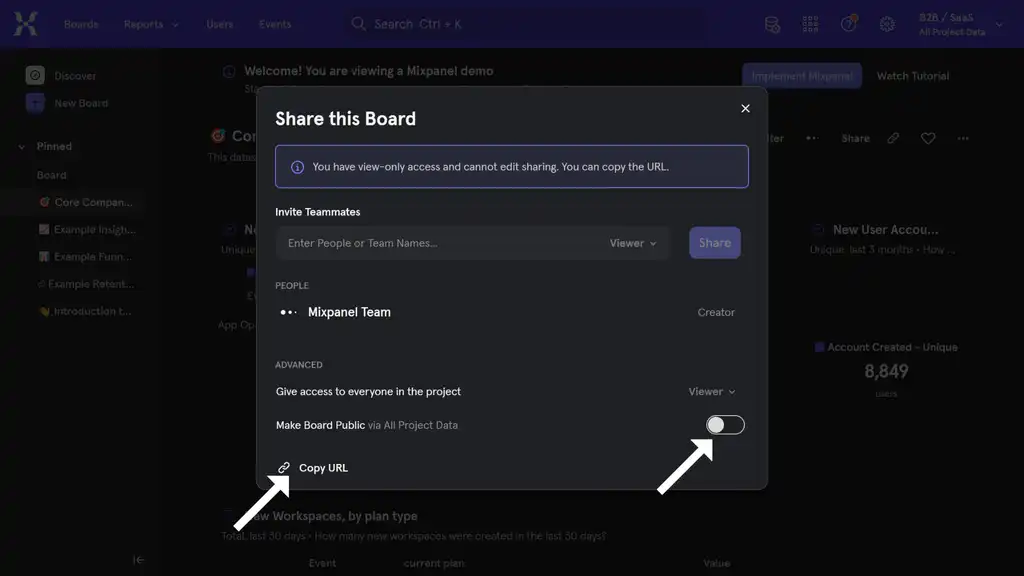 A data dashboard from Mixpanel showing sharing settings in a pop-up modal.